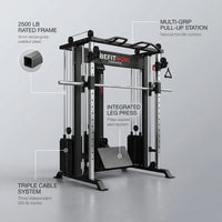 Smith Machine Gym System Built for Complete Strength Training, Triple Cable Stacks, 1000+ Exercises, 2500 lb Rating — infographic